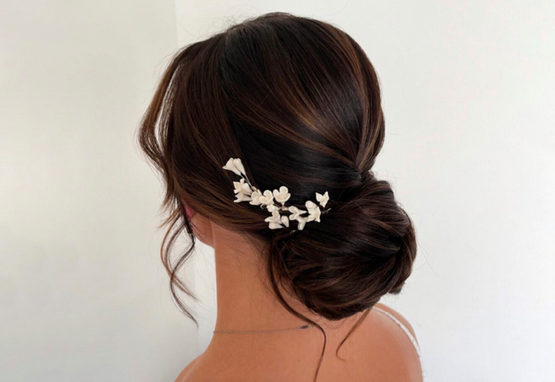 RJ Styles Co Rachel Jones - Alberta Bridal Hairstyling Lessons - Sleek Low Bun Updo with Hair Flowers