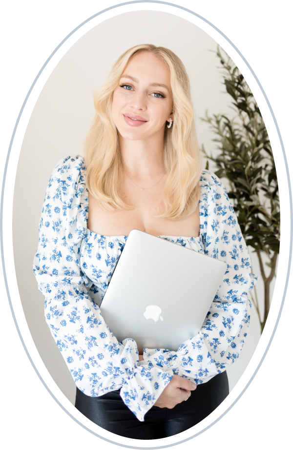 RJ Styles Co Rachel Jones - Alberta Bridal Hairstylist and Hairstyling Lessons - Rachel Headshot in Blue Border with laptop
